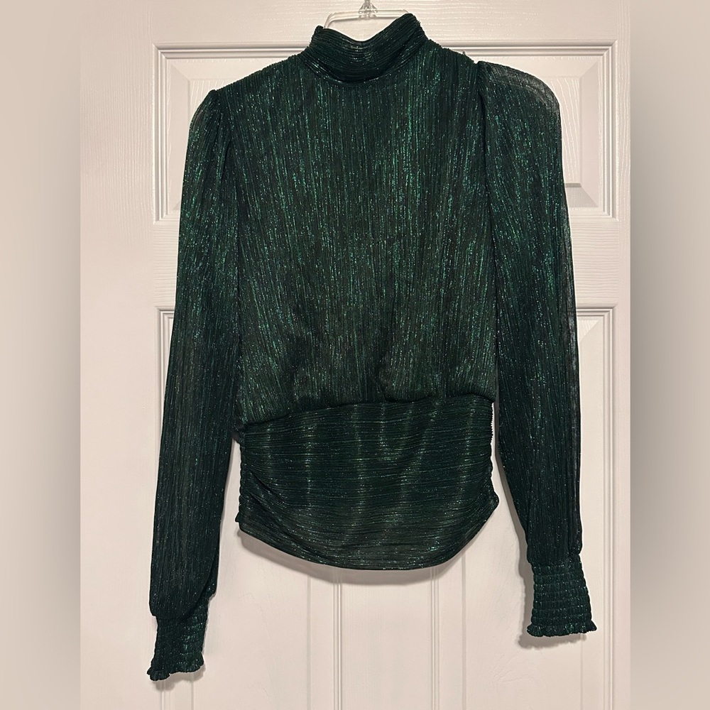 Bailey 44 Metallic Emerald Green Long Sleeve Mock Neck Blouse